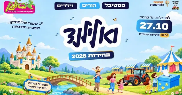 פוסטר של ואלילנד בחירות 2026 ☆ פסטיבל הורים וילדים | 27.10 באלגן יגור